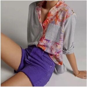 ANTHROPOLOGIE Maeve Multicolor Floral & Stripe Button Down Cotton Shirt